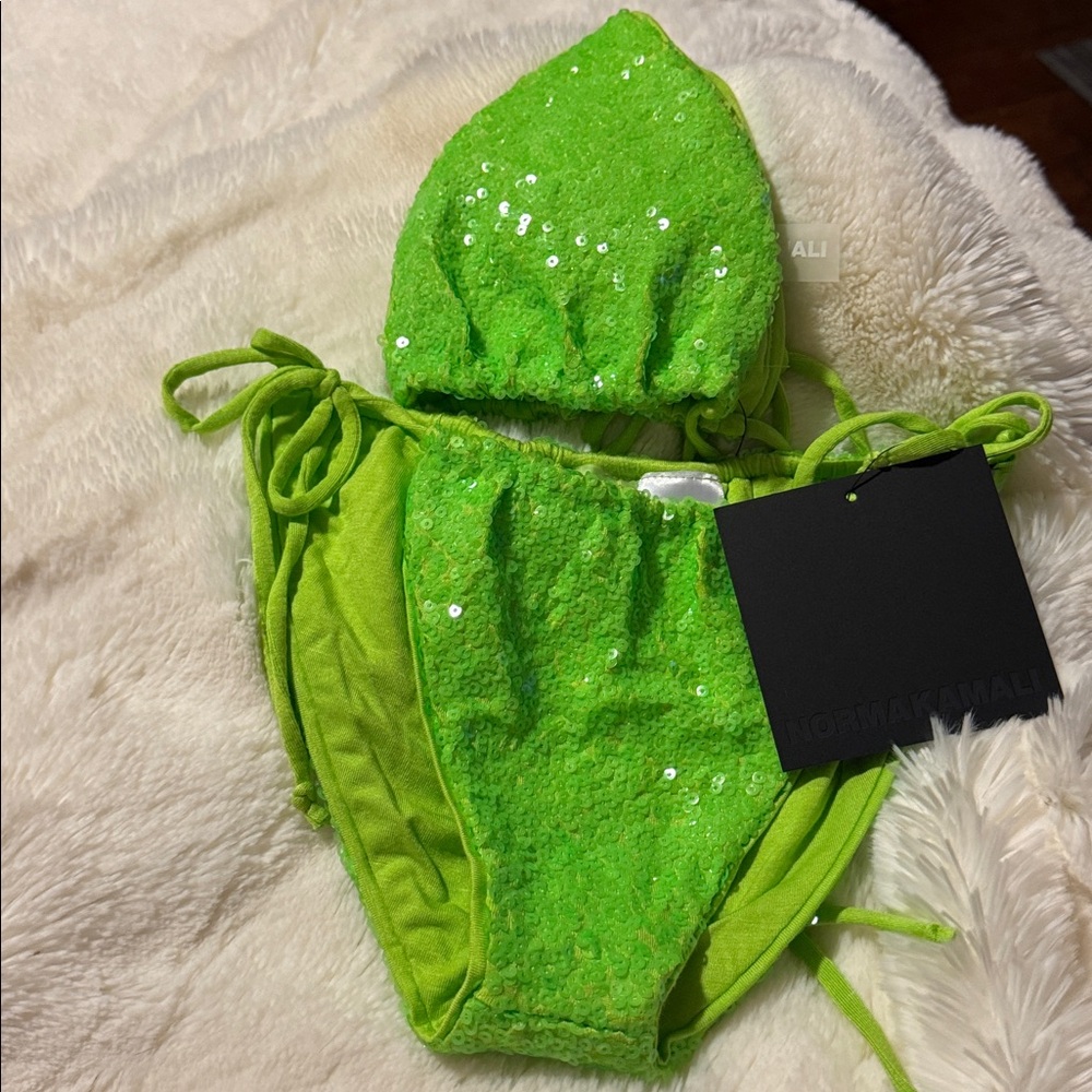Norma Kamali Sequin-Embellished Neon Line Green Bikini, Top+Bottom, NWT Small